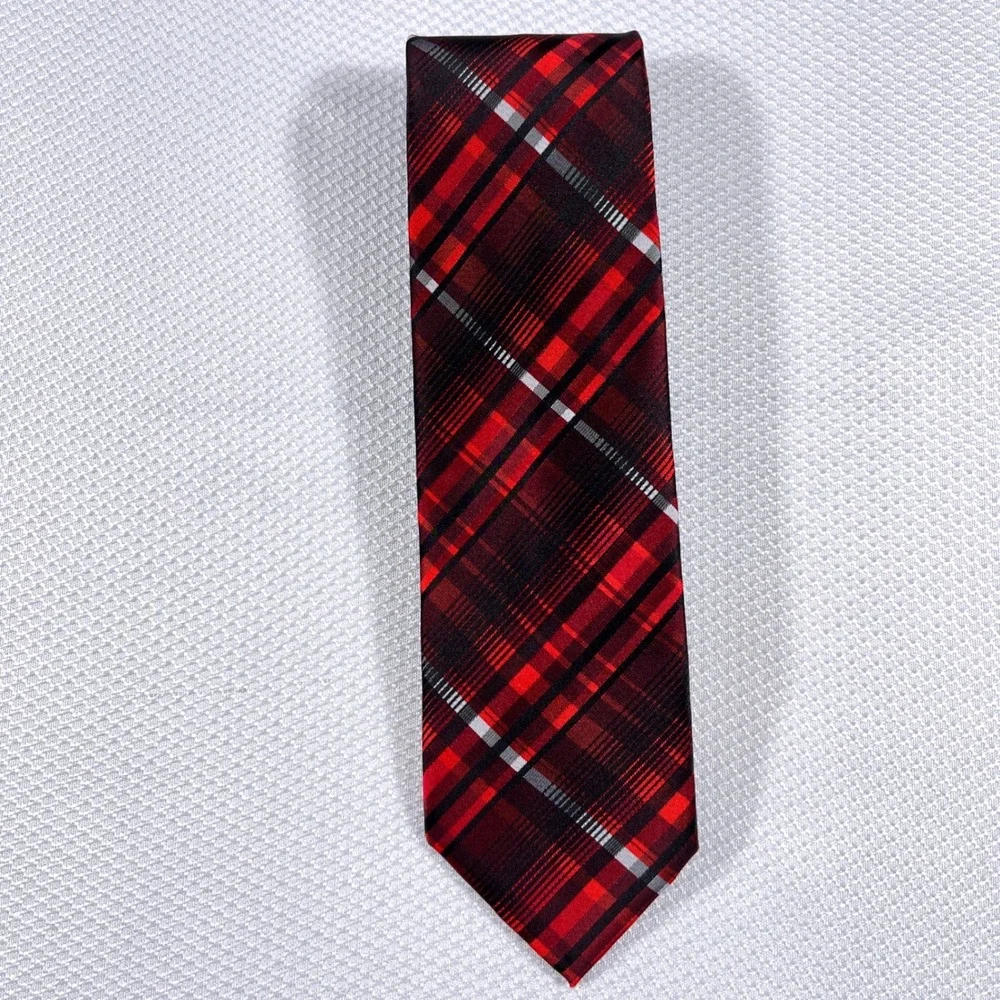 J.Ferrar Mens Red‎ Black White Plaid Polyester Necktie 62 Inch Length